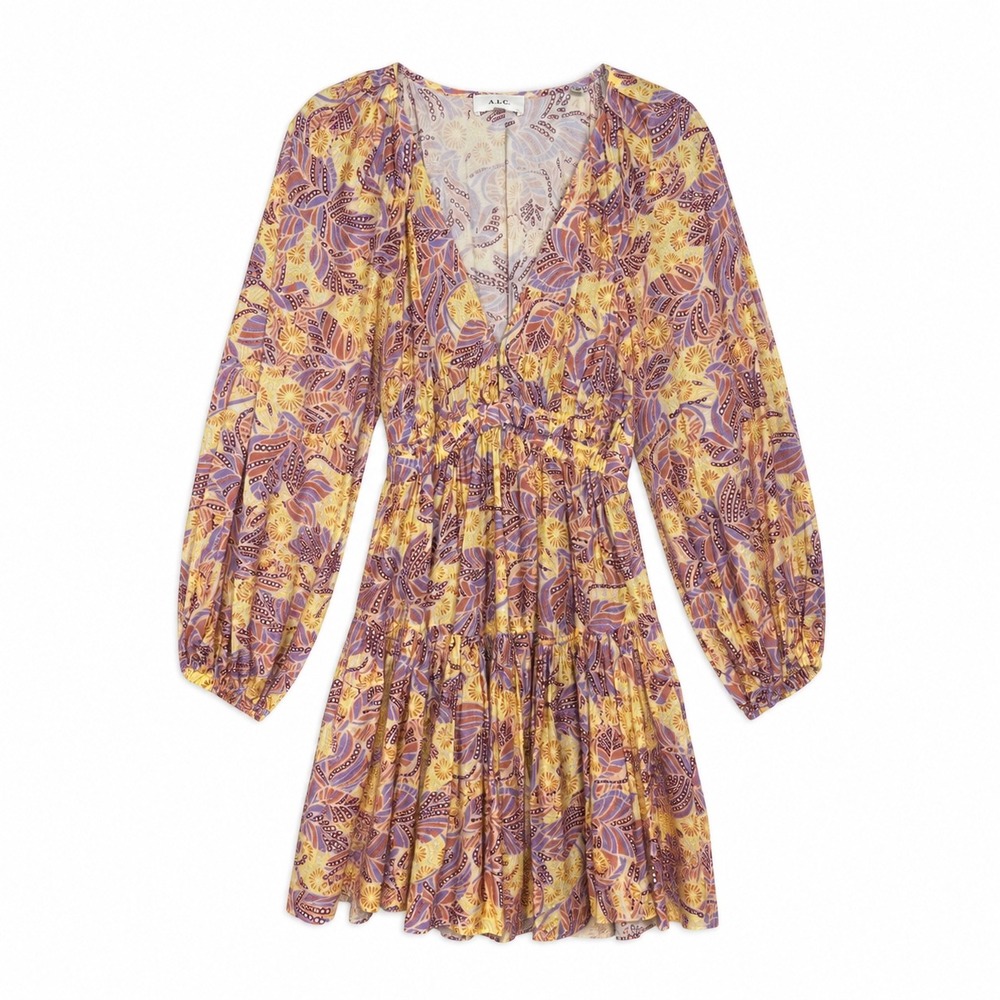 A.L.C. Delfina Floral Smocked Mini Dress Purple Yellow Size 4‎